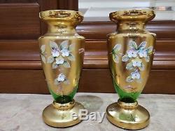 SET OF 2 Bohemian Venetian Murano Green Vase Hand Painted Floral Enamel 24k Gold