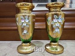 SET OF 2 Bohemian Venetian Murano Green Vase Hand Painted Floral Enamel 24k Gold