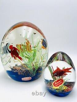 SET OF 2 EXCEPTIONAL MURANO ART GLASS AQUARIUM FISH PAPERWEIGHTS With BASE LITE