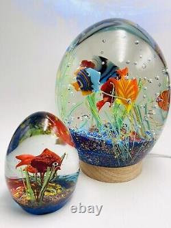 SET OF 2 EXCEPTIONAL MURANO ART GLASS AQUARIUM FISH PAPERWEIGHTS With BASE LITE