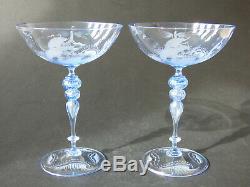Salviati 2 engraved blue glass champagne coupes Murano Venetian nautical Wedding