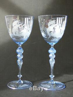 Salviati 2 engraved blue glass goblets Murano Venetian wine glass pair maritime
