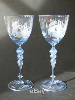 Salviati 2 engraved blue glass goblets Murano Venetian wine glass pair maritime