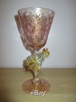 Salviati Barovier Toso Pink Gold Venetian Dragon Serpent Glass Goblet Murano