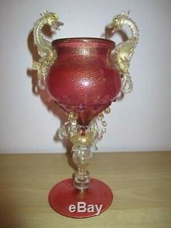 Salviati Barovier Toso Ruby Red Venetian Dragon Serpent Glass Goblet Vase Murano