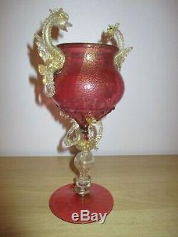 Salviati Barovier Toso Ruby Red Venetian Dragon Serpent Glass Goblet Vase Murano