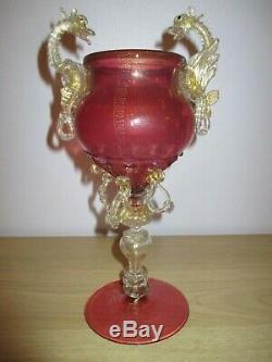 Salviati Barovier Toso Ruby Red Venetian Dragon Serpent Glass Goblet Vase Murano