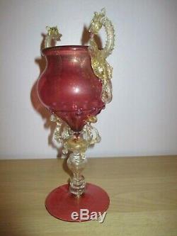 Salviati Barovier Toso Ruby Red Venetian Dragon Serpent Glass Goblet Vase Murano