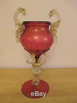 Salviati Barovier Toso Ruby Red Venetian Dragon Serpent Glass Goblet Vase Murano