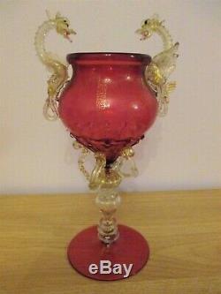 Salviati Barovier Toso Ruby Red Venetian Dragon Serpent Glass Goblet Vase Murano