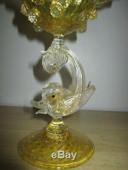 Salviati Barovier Toso Venetian Dolphin Fish Glass Vase Gold Yellow Murano