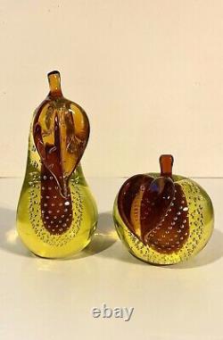 Salviati Murano Blown Glass Apple And Pear Sculptures Mid Century Vaseline Glass