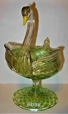 Salviati Murano Circa 1800's Hand Blown Art Glass Figural Swan Pedestal Compote