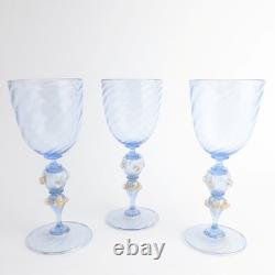 Salviati Murano Hand Blown Glass Set of 3 Blue Gold Flecked Swirl Fluted Goblets