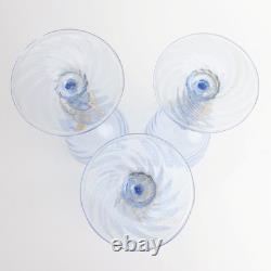 Salviati Murano Hand Blown Glass Set of 3 Blue Gold Flecked Swirl Fluted Goblets