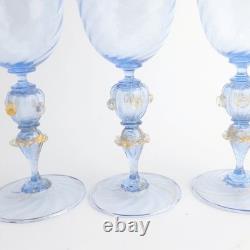 Salviati Murano Hand Blown Glass Set of 3 Blue Gold Flecked Swirl Fluted Goblets