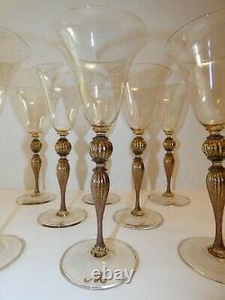 Salviati Set of 8 Golden Wine Glasses, Gold Knobbed 9 Stemware Venetian Murano