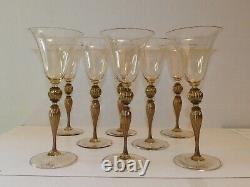 Salviati Set of 8 Golden Wine Glasses, Gold Knobbed 9 Stemware Venetian Murano