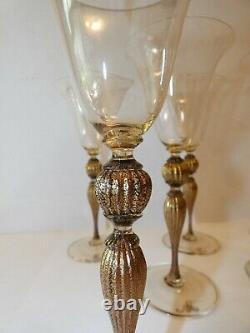 Salviati Set of 8 Golden Wine Glasses, Gold Knobbed 9 Stemware Venetian Murano