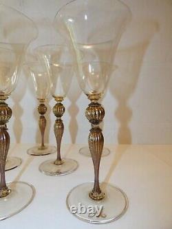 Salviati Set of 8 Golden Wine Glasses, Gold Knobbed 9 Stemware Venetian Murano