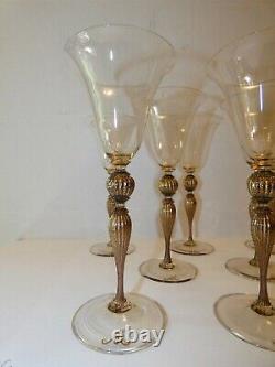 Salviati Set of 8 Golden Wine Glasses, Gold Knobbed 9 Stemware Venetian Murano