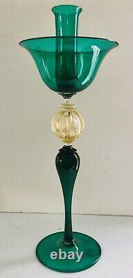 Seguso Murano Emerald Gold Glass Candle Holder Italian Hand Blown Venetian Glass