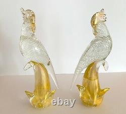 Seguso Murano Glass Cockatoos (Pair) Gold and White