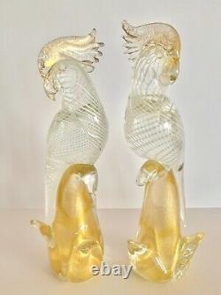 Seguso Murano Glass Cockatoos (Pair) Gold and White