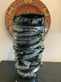 Sergio Costantini Murano Iridescence Blown Black Glass Vase w Applied Decoration