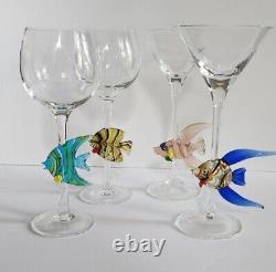 Set 4 Hand Blown Glass Fish Stemware Tall Martini Wine Cocktail Glasses Murano