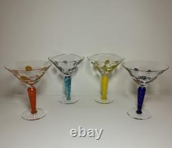 Set 4 Murano Millefiori Martini Glasses Italy Hand Blown Art Glass Color Stems