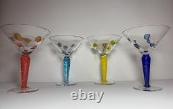 Set 4 Murano Millefiori Martini Glasses Italy Hand Blown Art Glass Color Stems