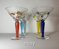 Set 4 Murano Millefiori Martini Glasses Italy Hand Blown Art Glass Color Stems