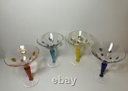 Set 4 Murano Millefiori Martini Glasses Italy Hand Blown Art Glass Color Stems