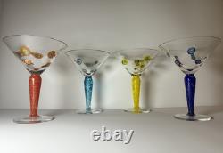 Set 4 Murano Millefiori Martini Glasses Italy Hand Blown Art Glass Color Stems