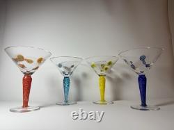 Set 4 Murano Millefiori Martini Glasses Italy Hand Blown Art Glass Color Stems
