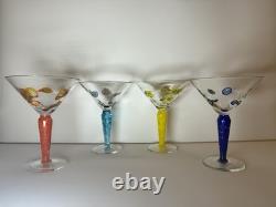 Set 4 Murano Millefiori Martini Glasses Italy Hand Blown Art Glass Color Stems