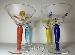 Set 4 Murano Millefiori Martini Glasses Italy Hand Blown Art Glass Color Stems