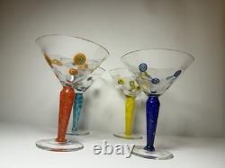 Set 4 Murano Millefiori Martini Glasses Italy Hand Blown Art Glass Color Stems