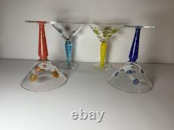Set 4 Murano Millefiori Martini Glasses Italy Hand Blown Art Glass Color Stems