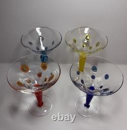 Set 4 Murano Millefiori Martini Glasses Italy Hand Blown Art Glass Color Stems
