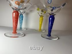 Set 4 Murano Millefiori Martini Glasses Italy Hand Blown Art Glass Color Stems