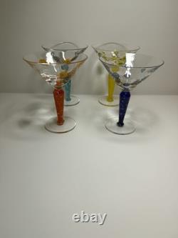 Set 4 Murano Millefiori Martini Glasses Italy Hand Blown Art Glass Color Stems