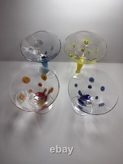 Set 4 Murano Millefiori Martini Glasses Italy Hand Blown Art Glass Color Stems