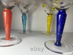 Set 4 Murano Millefiori Martini Glasses Italy Hand Blown Art Glass Color Stems