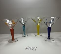 Set 4 Murano Millefiori Martini Glasses Italy Hand Blown Art Glass Color Stems