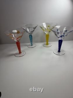 Set 4 Murano Millefiori Martini Glasses Italy Hand Blown Art Glass Color Stems