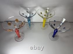 Set 4 Murano Millefiori Martini Glasses Italy Hand Blown Art Glass Color Stems