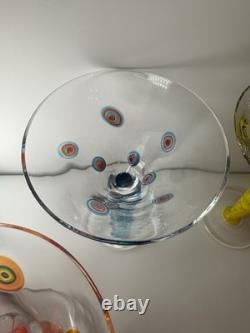 Set 4 Murano Millefiori Martini Glasses Italy Hand Blown Art Glass Color Stems