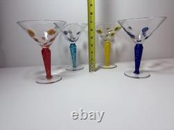 Set 4 Murano Millefiori Martini Glasses Italy Hand Blown Art Glass Color Stems